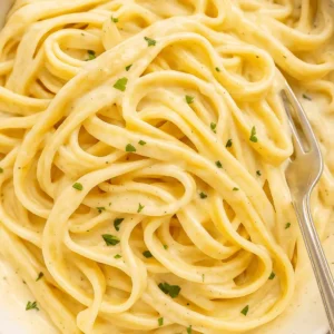 Creamy fettuccine pasta coated in Alfredo sauce recipe with fresh herbs and a silver fork