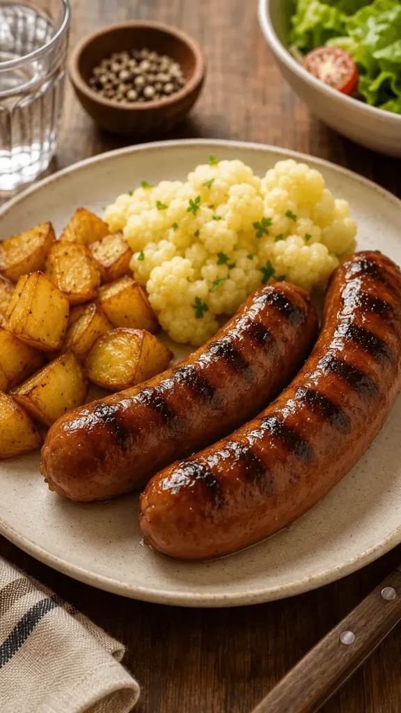 Beef Sausage Recipes with browned beef sausage links, golden potatoes, and tender cauliflower on a dinner plate.