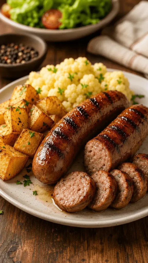 Beef Sausage Recipes with sliced browned beef sausage links, golden potatoes, and parsley-topped cauliflower.