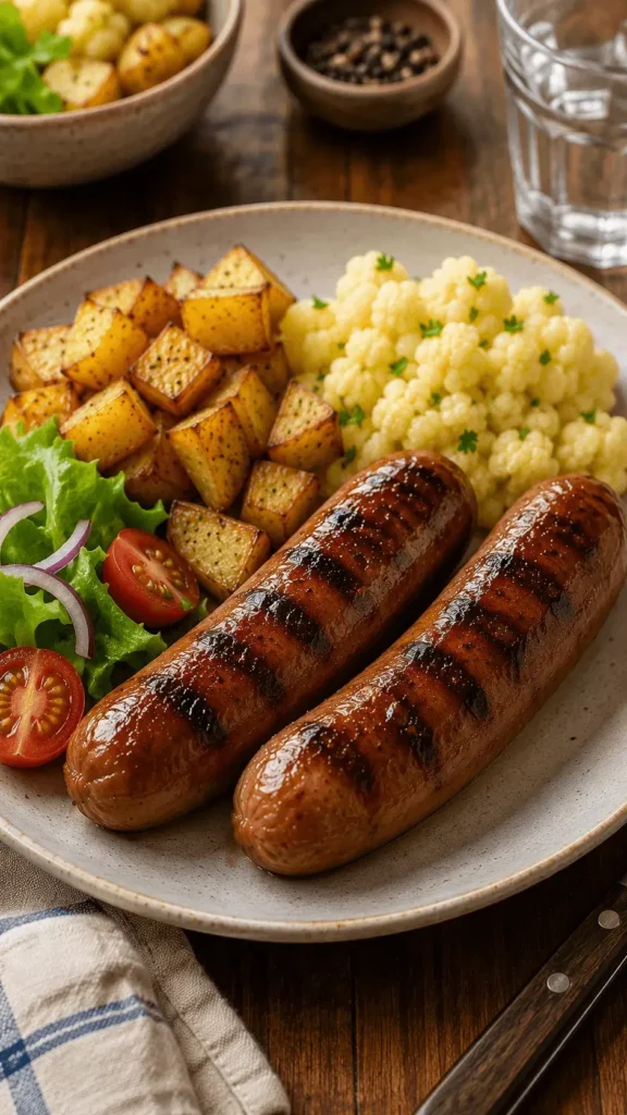 Beef Sausage Recipes featuring browned sausage links, golden potatoes, cauliflower, lettuce, tomatoes, and red onion.