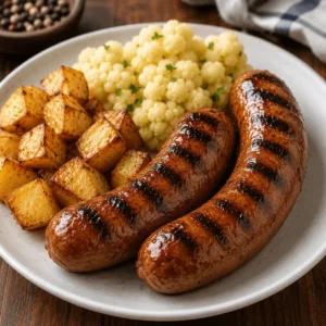 Beef Sausage Recipes with two grilled sausage links, golden potato cubes, and parsley-topped cauliflower.
