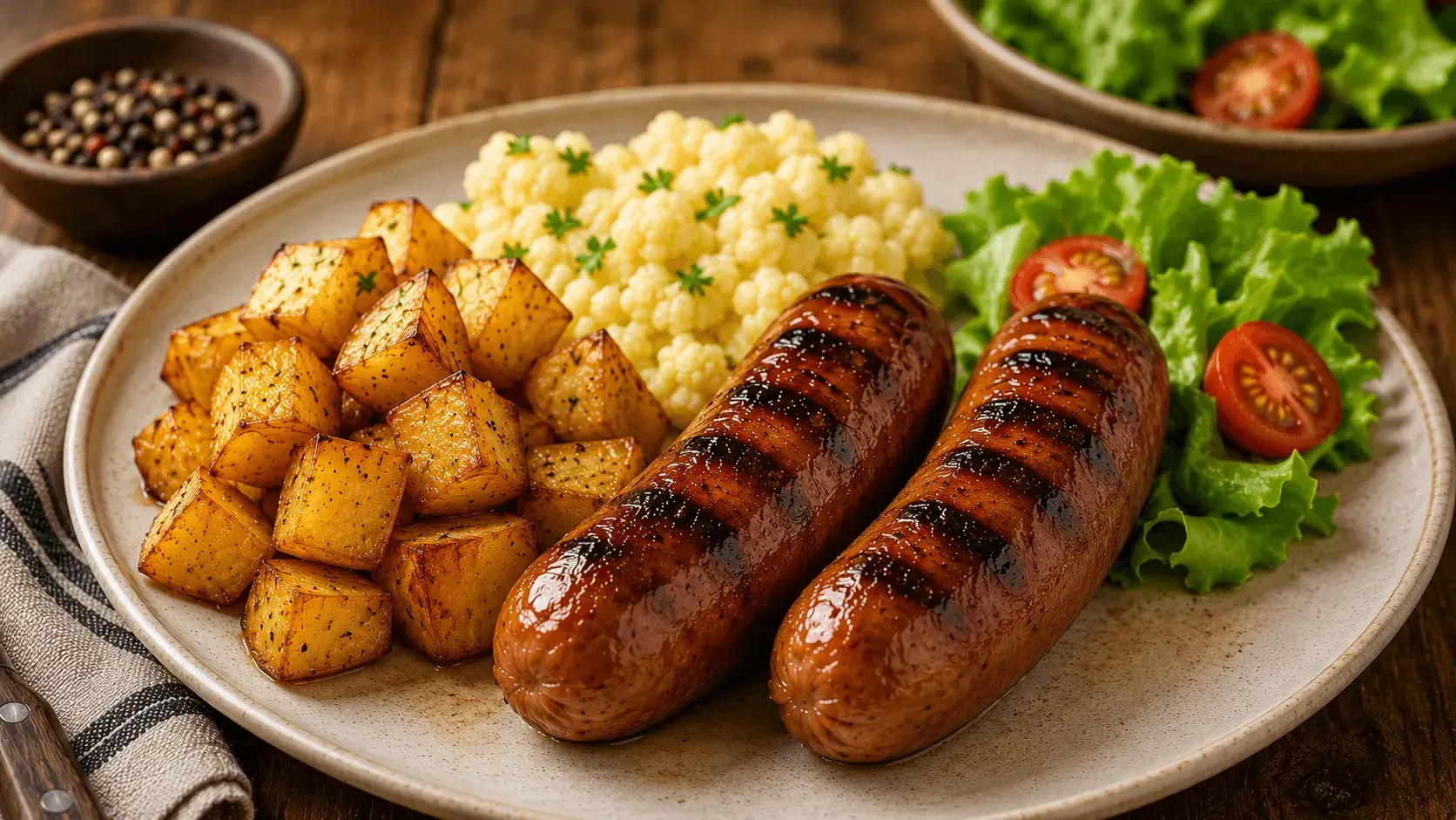 Beef Sausage Recipes featuring grilled beef sausage links, golden potatoes, cauliflower, lettuce, and tomatoes.