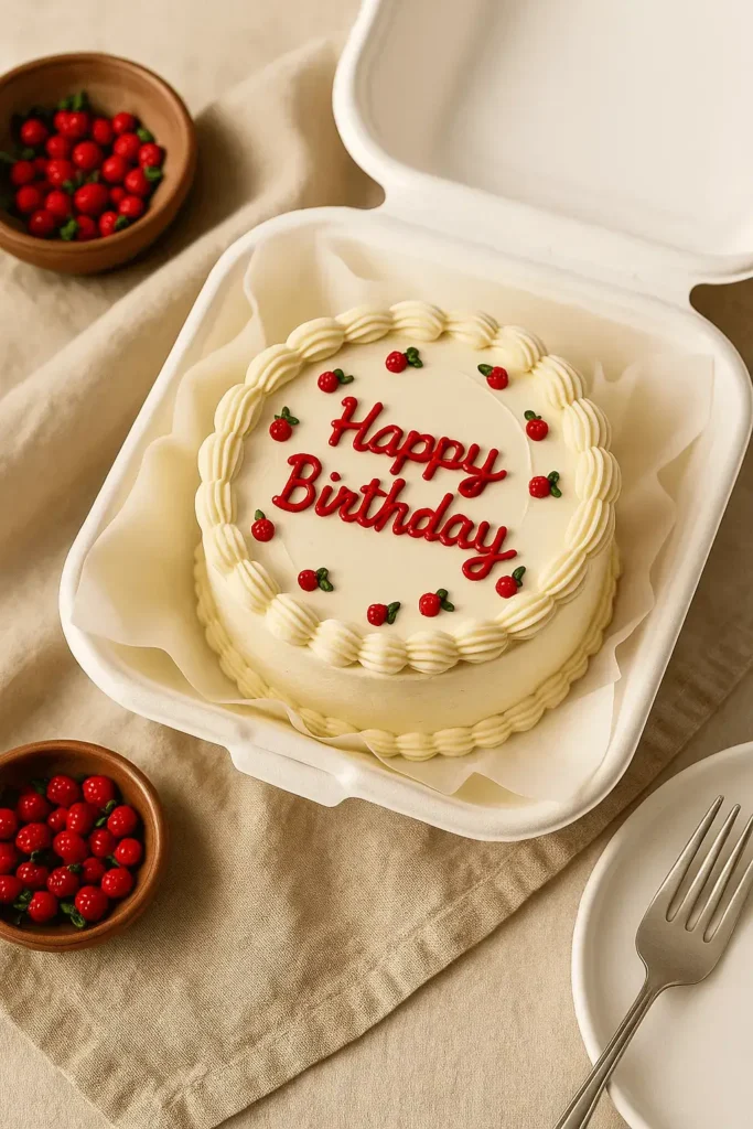 Birthday-themed Bento Cake with piped frosting and red berry decorations in a takeout box
