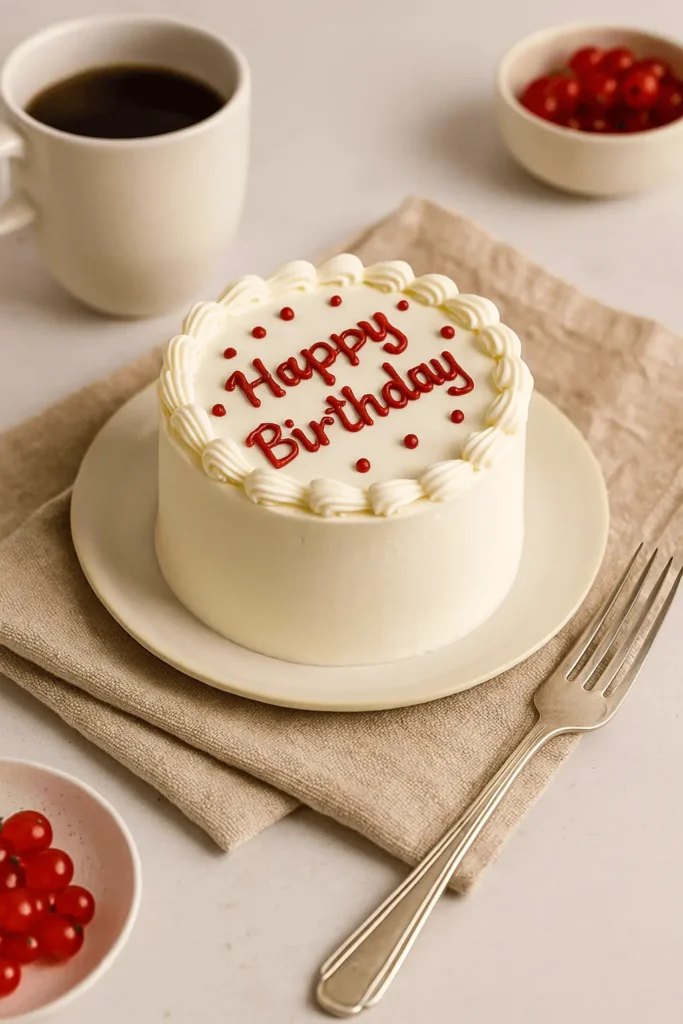 Classic birthday Bento Cake with red lettering and piped frosting