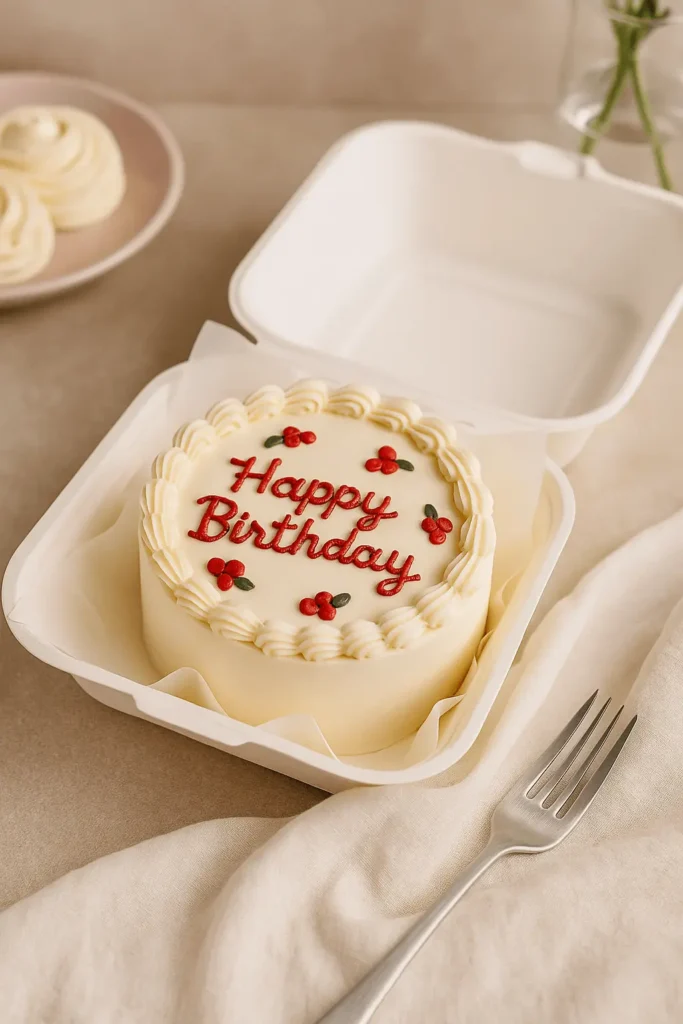 Bento Cake with red berry decorations and “Happy Birthday” message in a takeout box