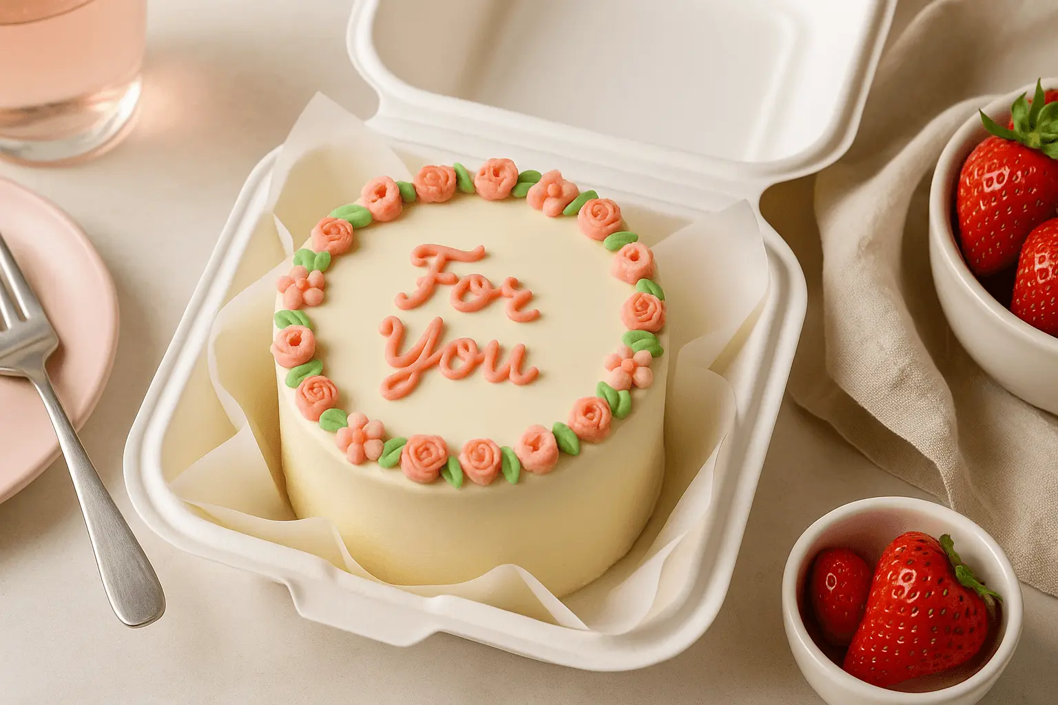 Mini Bento Cake in a takeout box decorated with pink and green floral buttercream and the message "For You"