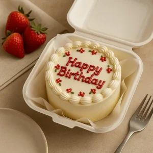 Bento Cake with red flower piping and “Happy Birthday” lettering in a takeout box