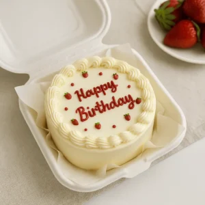 Bento Cake with strawberry decorations and a “Happy Birthday” message in a takeout box