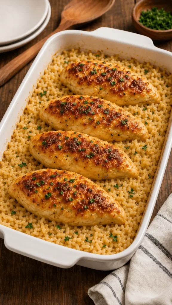 Forgotten chicken recipe with four golden baked chicken breasts arranged over seasoned rice in a white casserole dish.