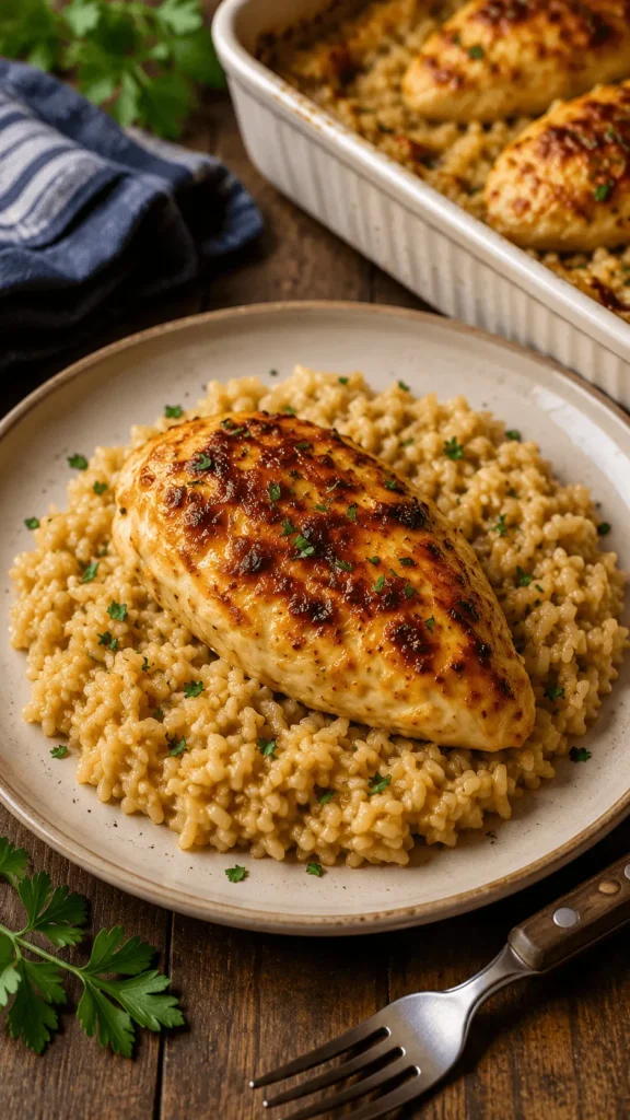 Forgotten chicken recipe with a golden baked chicken breast served over creamy rice and garnished with chopped parsley.