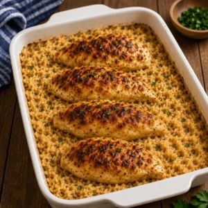 Forgotten chicken recipe with four golden baked chicken breasts arranged over creamy seasoned rice in a white casserole dish.