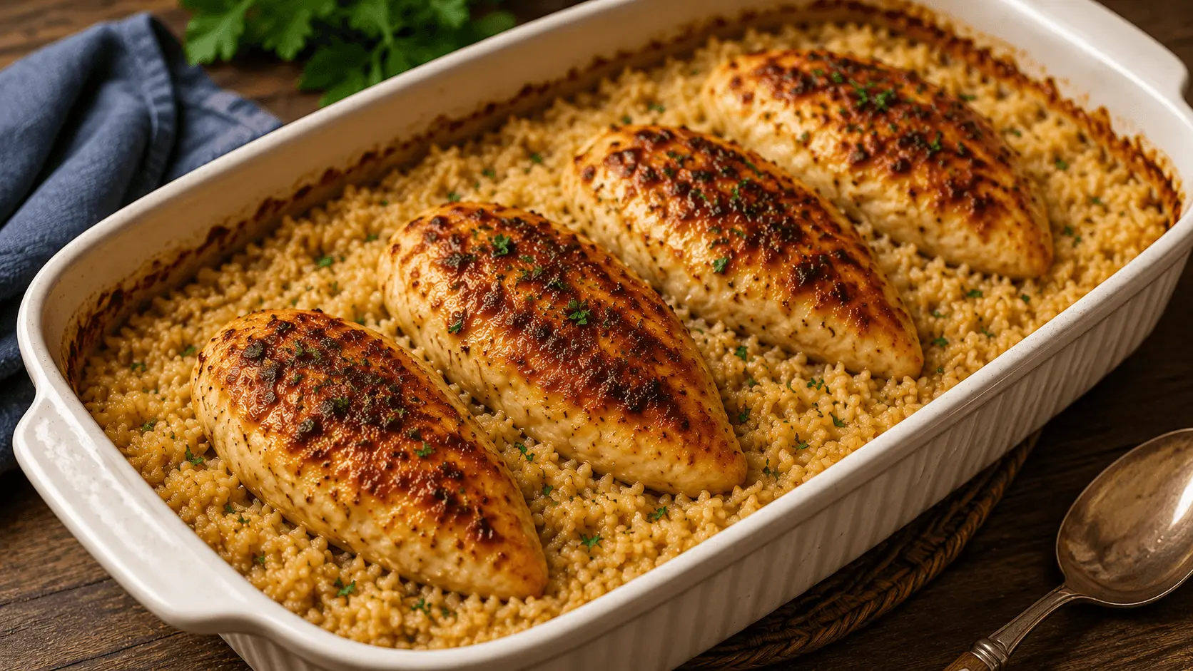 Forgotten chicken recipe with four golden baked chicken breasts served over creamy seasoned rice in a white casserole dish.