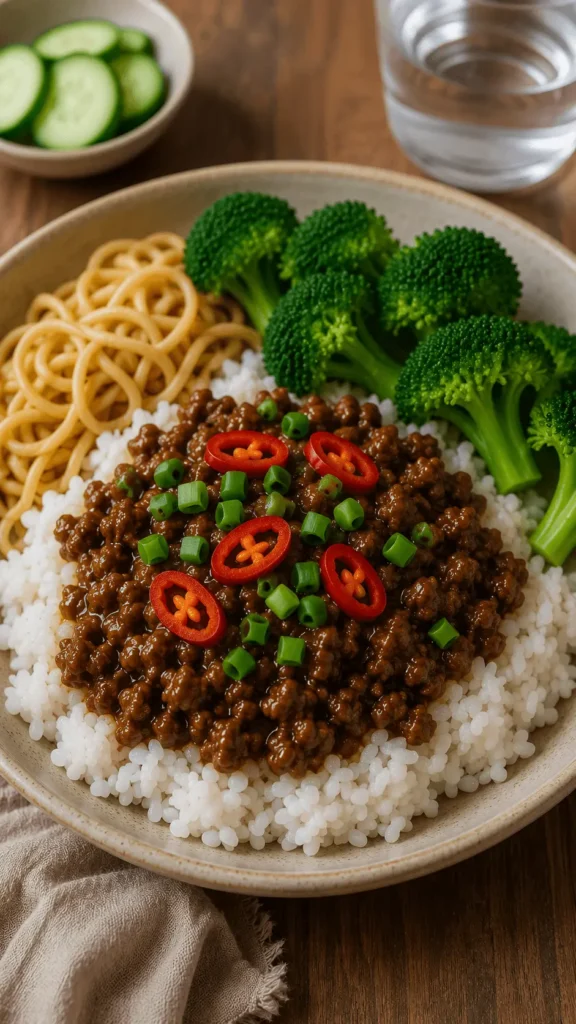 Mongolian ground beef served over white rice with noodles, broccoli, green onions, and sliced red chili.