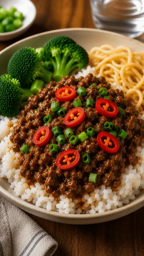 Mongolian ground beef served over white rice with broccoli, noodles, sliced red chili, and green onions.