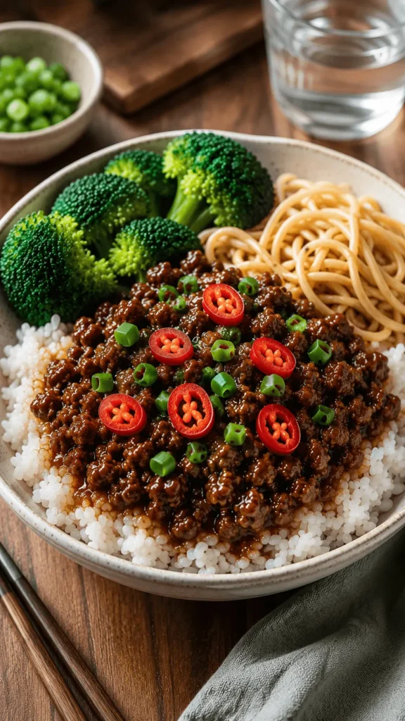 Mongolian ground beef served over white rice with broccoli, noodles, sliced red chili, and green onions on a wooden table.