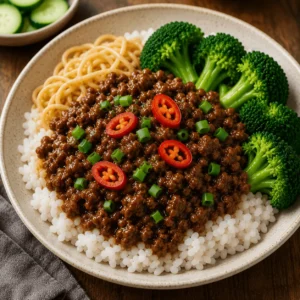 Mongolian ground beef served over white rice with broccoli, noodles, green onions, and sliced red chili.