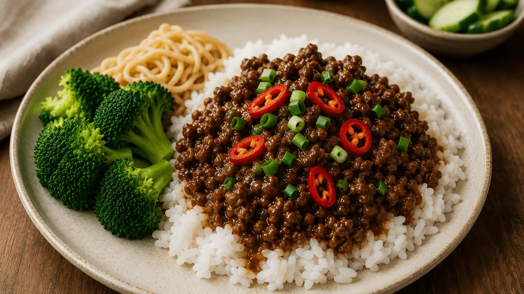 Mongolian ground beef served over white rice with broccoli, noodles, green onions, and sliced red chili.
