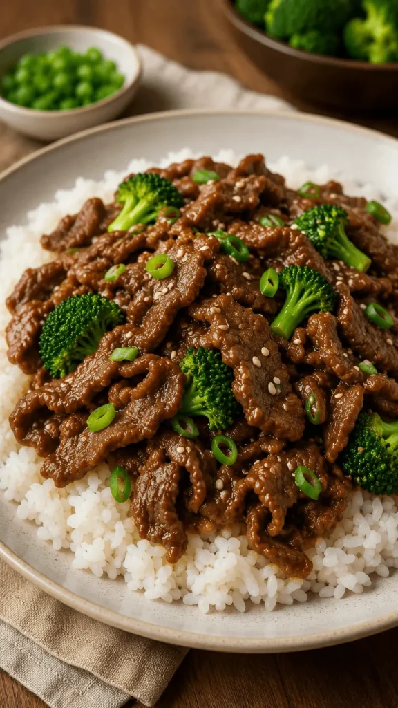 Shaved beef with broccoli green onions and sesame seeds served over white rice