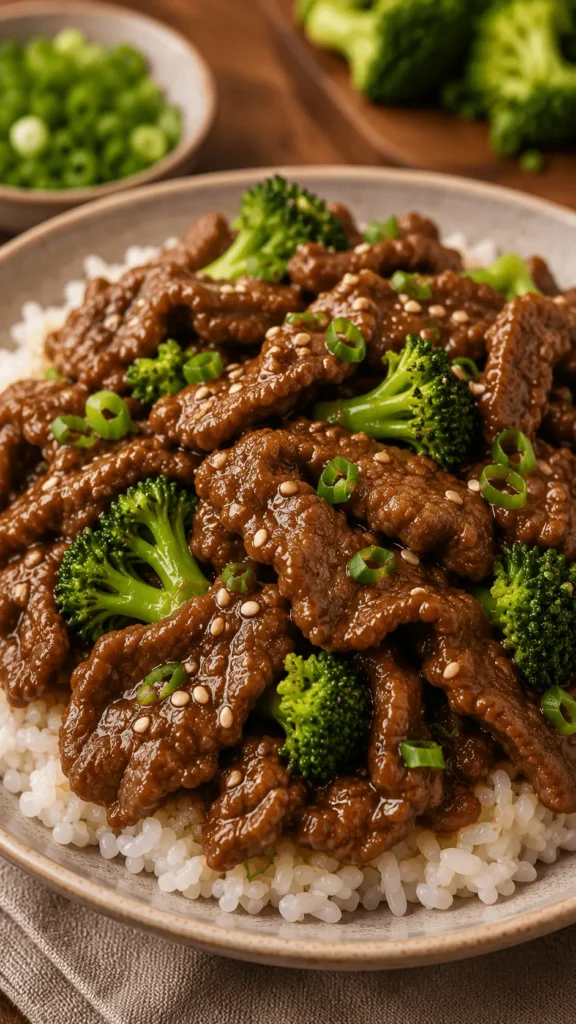 Shaved beef with broccoli green onions and sesame seeds served over white rice