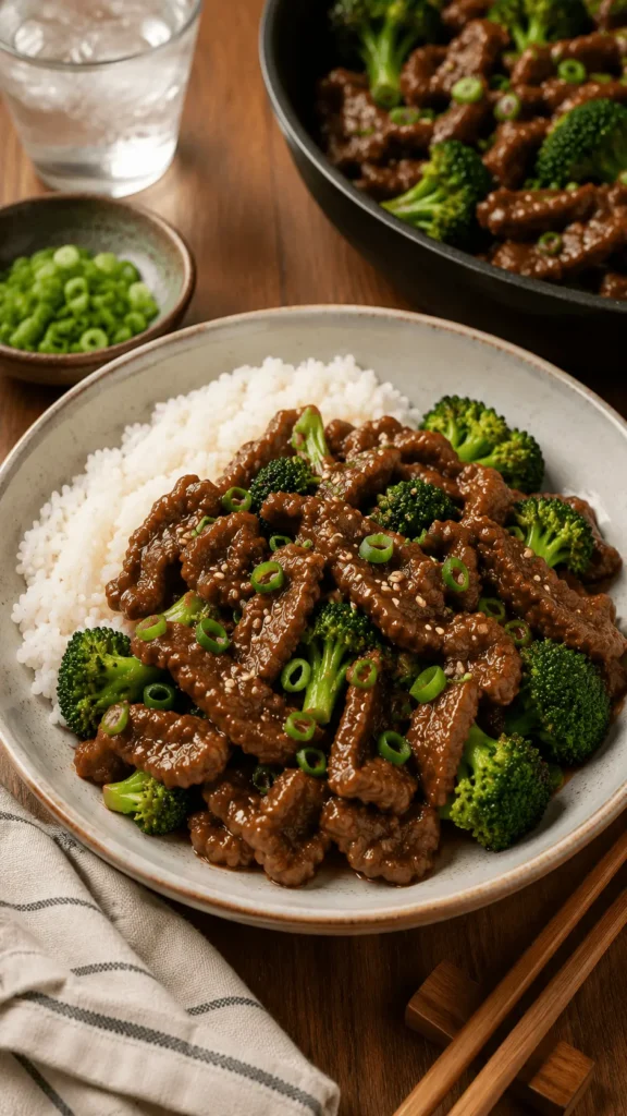 Shaved beef with broccoli green onions and sesame seeds served beside white rice
