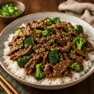 Shaved beef with broccoli green onions and sesame seeds served over white rice