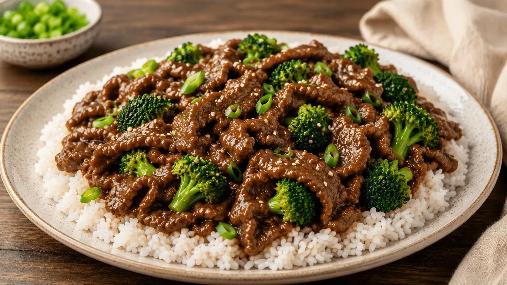 Shaved beef with broccoli and green onions served over white rice