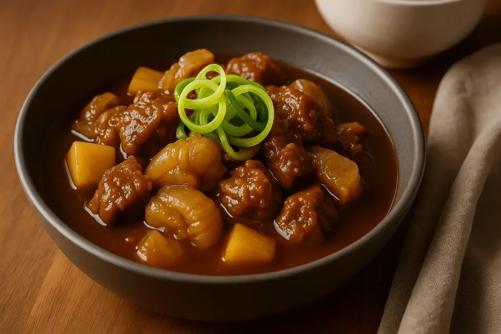 Tender beef tendon stew served in a bowl with potatoes and green onions – a comforting Beef Tendon Recipe.