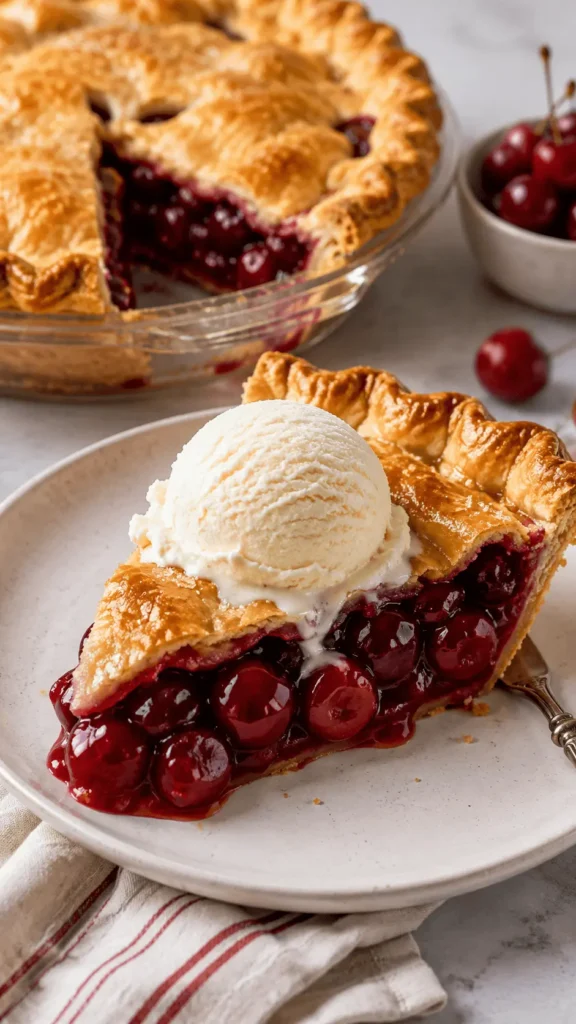 Slice of cherry pie with glossy cherry pie filling and a scoop of vanilla ice cream, served on a plate with the remaining pie in the background.