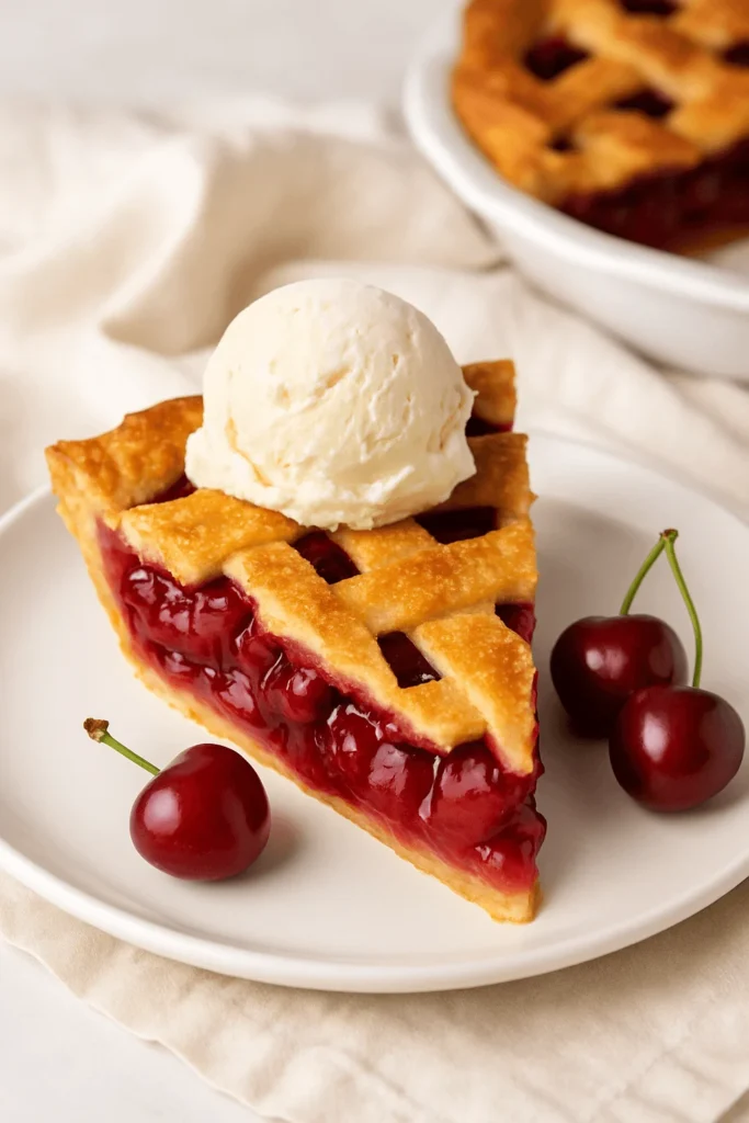 A slice of cherry pie topped with a scoop of vanilla ice cream, served on a white plate with fresh cherries on the side.
