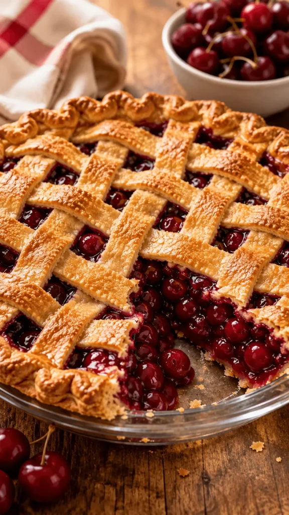 Homemade cherry pie with a golden lattice crust and glossy cherry pie filling, shown with one slice removed in a glass pie dish.