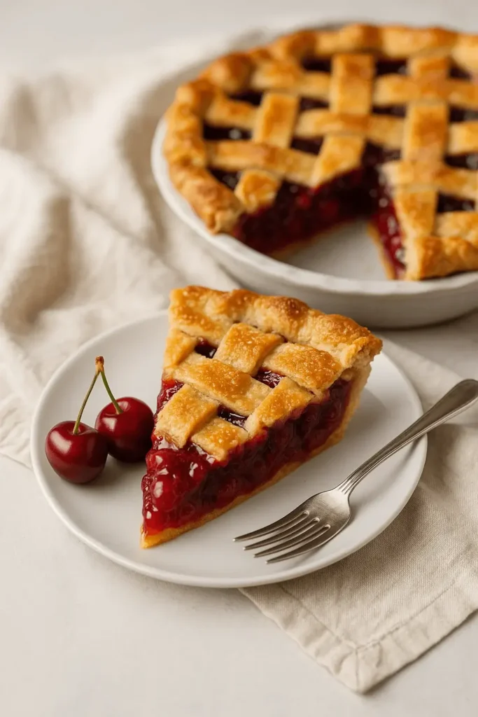 A slice of cherry pie on a white plate with fresh cherries and a fork, with the full pie in the background.