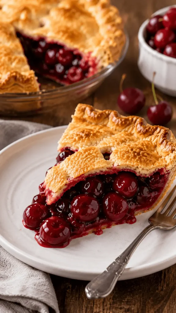 Slice of cherry pie with a flaky golden crust and glossy cherry pie filling, served on a white plate with the remaining pie in the background.