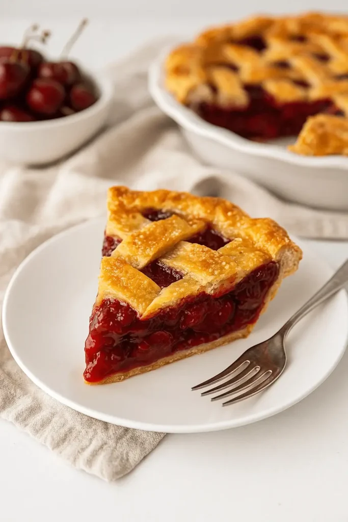 A slice of cherry pie with golden lattice crust on a white plate, served with a fork and a bowl of fresh cherries in the background.