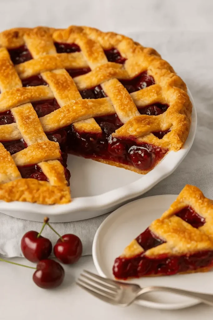 A freshly baked cherry pie in a white dish with one slice served on a plate beside fresh cherries and a fork.