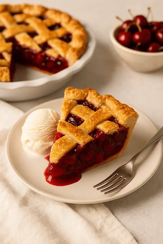A slice of cherry pie with golden crust and cherry filling, served with a scoop of vanilla ice cream on a white plate beside a full pie and fresh cherries.