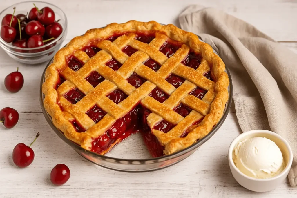 Golden lattice-topped cherry pie in a glass dish with a slice removed, surrounded by fresh cherries and a scoop of vanilla ice cream.