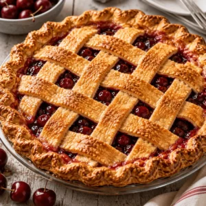 Golden lattice cherry pie with glossy cherry pie filling baked in a glass dish and surrounded by fresh cherries.
