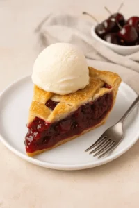 A slice of cherry pie topped with a scoop of vanilla ice cream, served on a white plate with a fork and a bowl of cherries in the background.