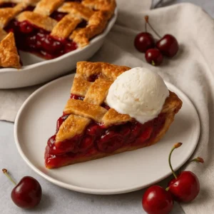 A slice of cherry pie with vanilla ice cream on top, served on a plate with fresh cherries, and the full pie in the background.