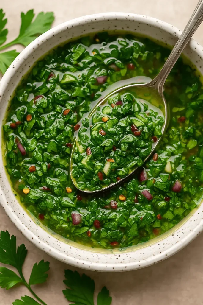 Close-up of chimichurri sauce in a speckled bowl with spoon and parsley