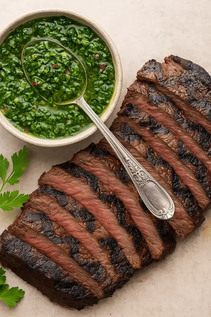 Grilled steak slices served with chimichurri sauce in a bowl and spoon