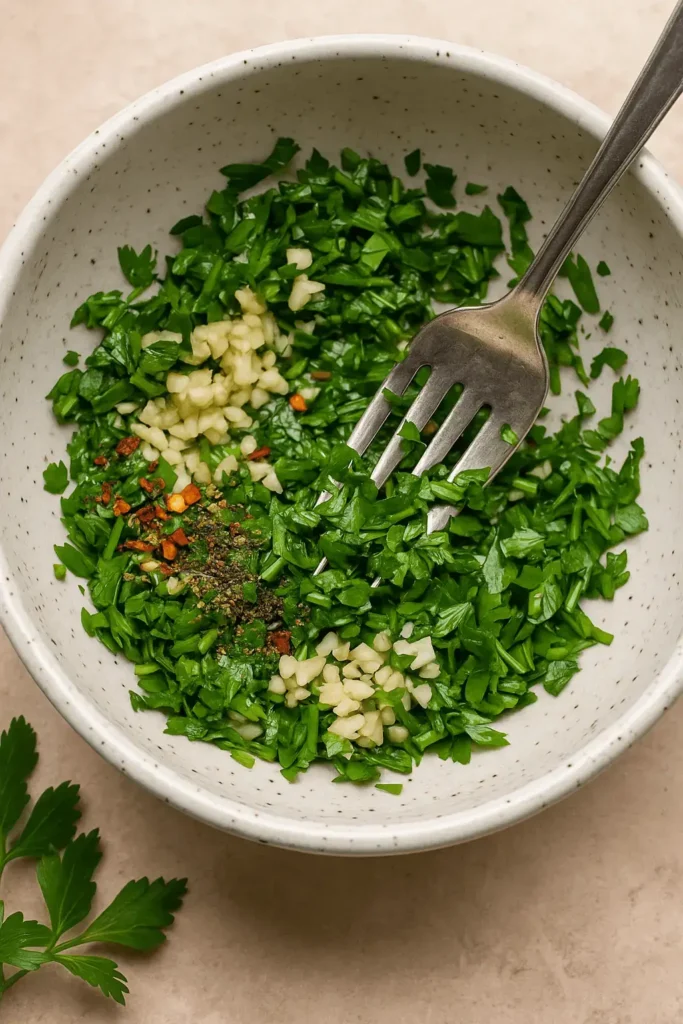 Fresh parsley, garlic, and spices being prepped for chimichurri sauce in a bowl