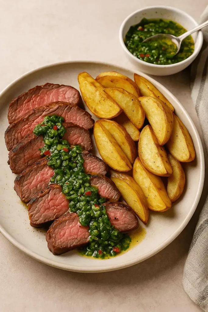 Grilled steak slices topped with chimichurri sauce served with golden potato wedges