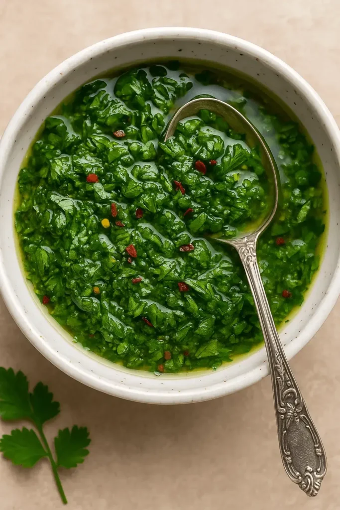A close-up bowl of chimichurri sauce with a spoon and parsley garnish