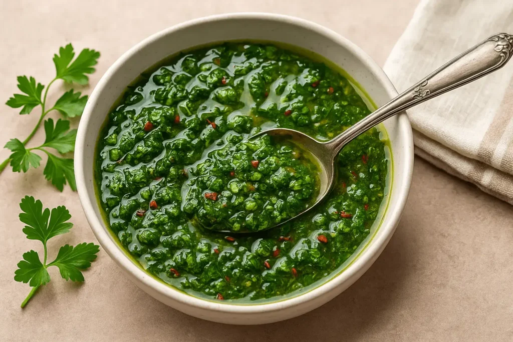 Bright green chimichurri sauce in a white bowl with a spoon and parsley on the side