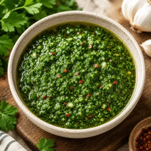 Homemade chimichurri sauce in a ceramic bowl with finely chopped herbs, garlic, olive oil, and red pepper flakes.