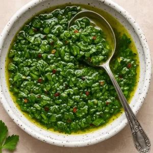 Bowl of chimichurri sauce with a spoon and vibrant green herbs