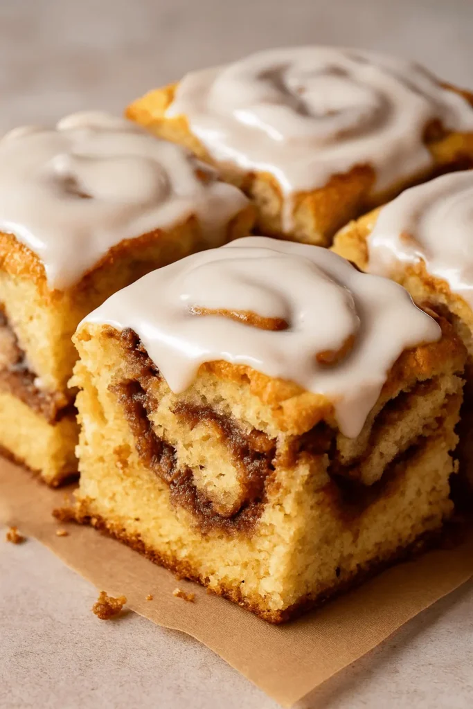 Close-up of cinnamon roll cake pieces with creamy icing on top.