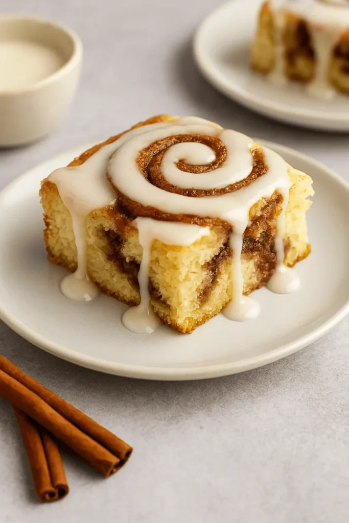 A slice of cinnamon roll cake with thick vanilla glaze dripping over a soft, golden crumb and rich cinnamon swirl, served on a white plate with cinnamon sticks nearby.