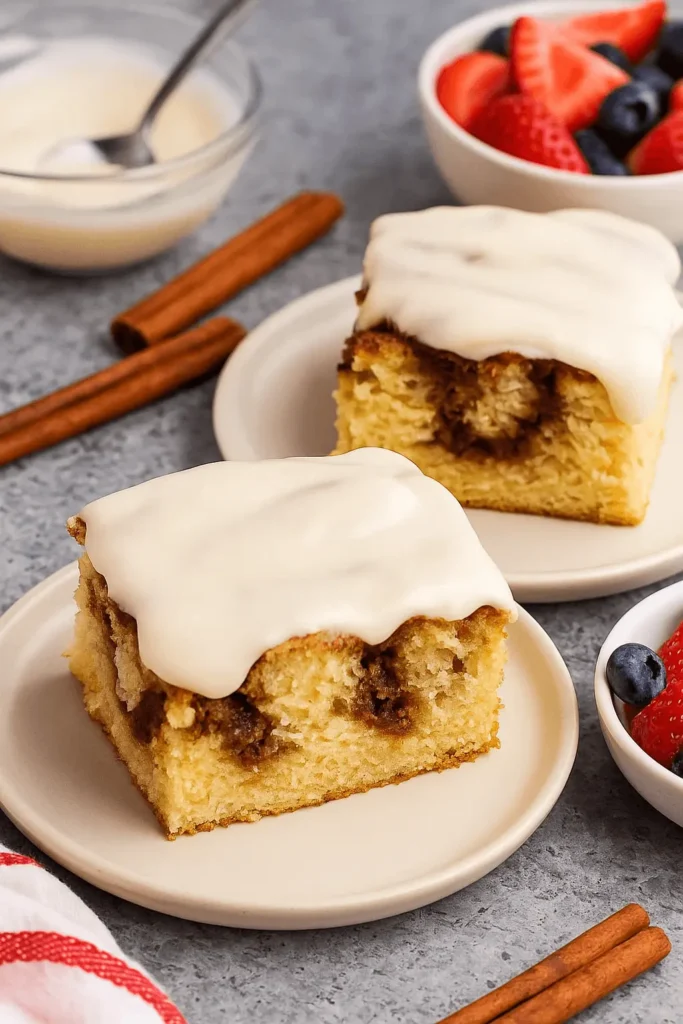 Two pieces of cinnamon roll cake with creamy icing served with fresh berries.
